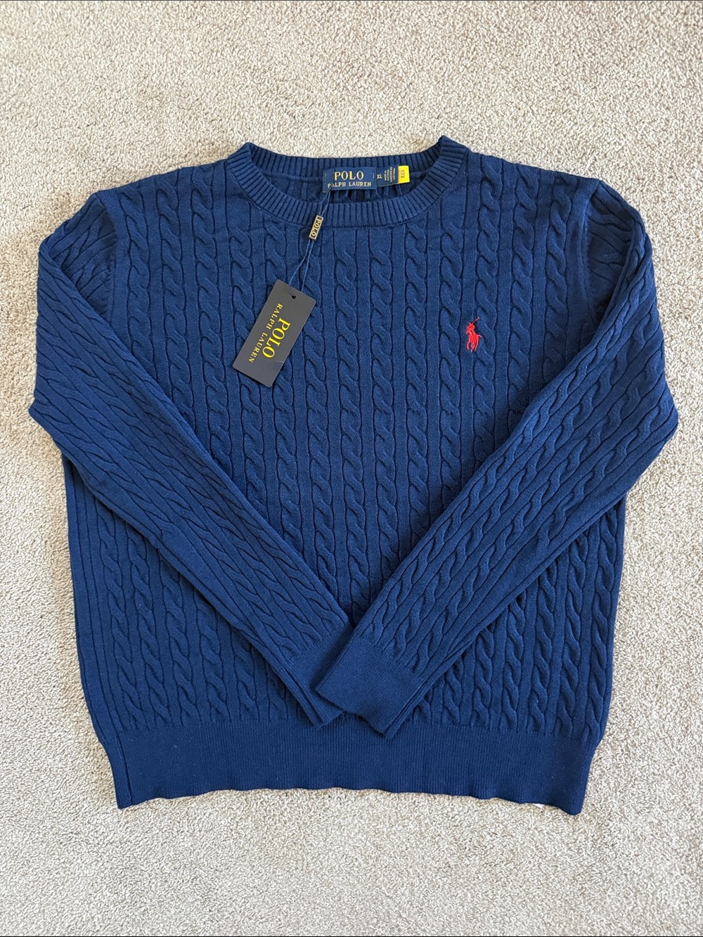 Polo by Ralph Lauren YOUTH BOYS Navy Cable-Knit Crewneck Sweater with Red Pony